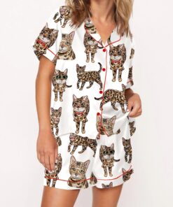 Bengal Cat Silky Satin Pajama Set For Women