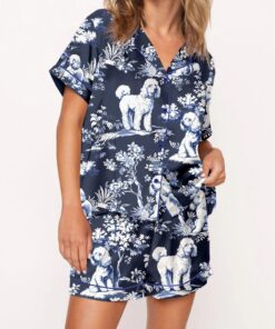 Blue Poodle Dog Silky Satin Pajama Set For Women