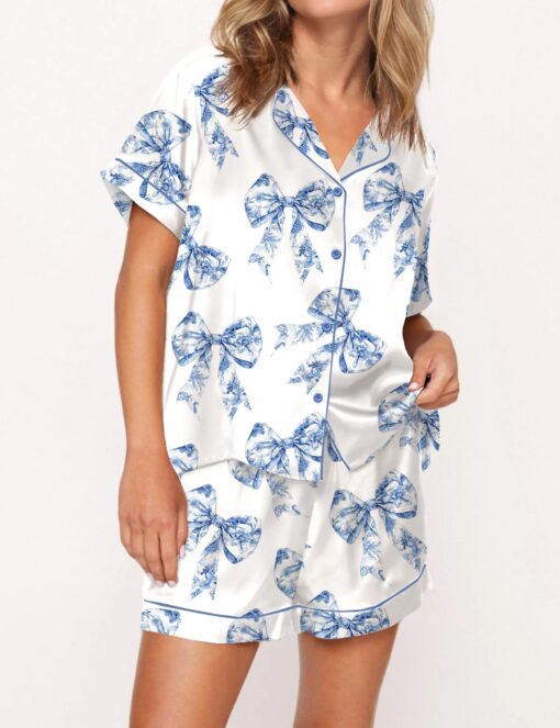 Chinoiserie Bow Silky Satin Pajama Set For Women - Image 3