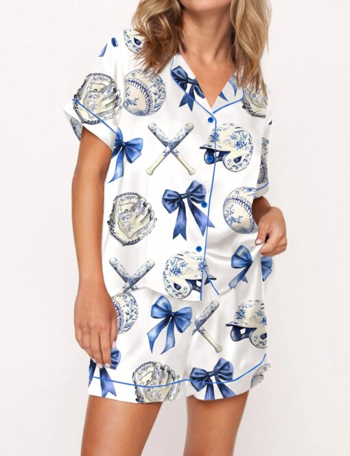 Chinoiserie Baseball Silky Satin Pajama Set For Women