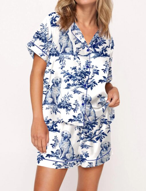 Chinoiserie Golden Retriever Silky Satin Pajama Set For Women