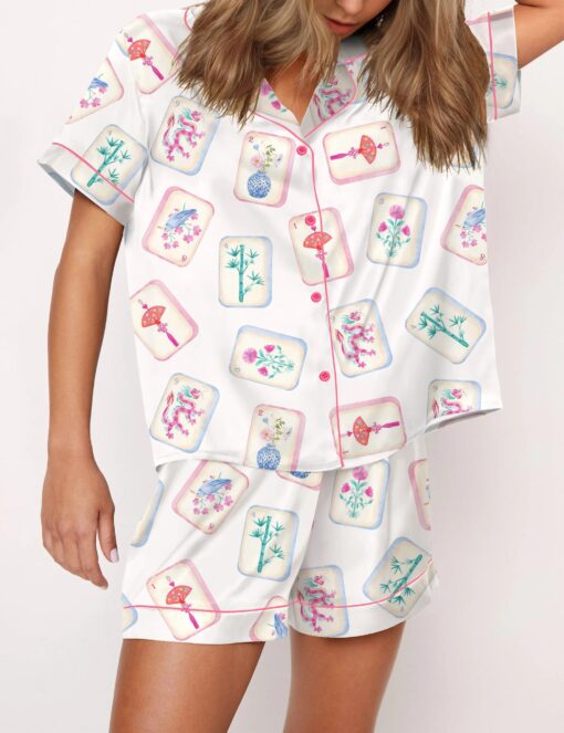 Watercolor Mahjong Satin Pajama Set For Women