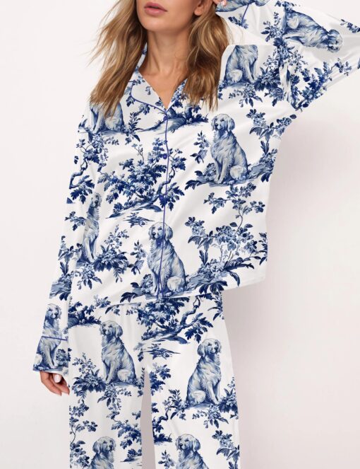 Chinoiserie Golden Retriever Silky Satin Pajama Set For Women - Image 6