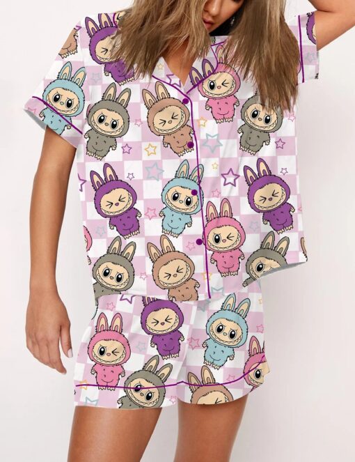Women's Cute Labubu Print Satin Pajama Set - Image 3