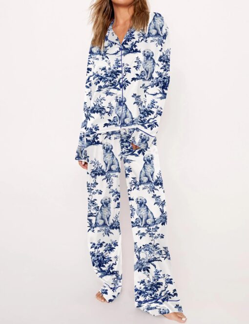 Chinoiserie Golden Retriever Silky Satin Pajama Set For Women - Image 8