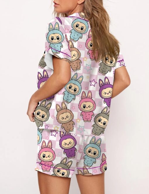 Women's Cute Labubu Print Satin Pajama Set - Image 2
