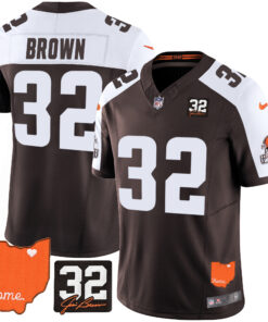 Jim Brown Cleveland Browns #32 Jim Brown Memorial & Home Patch Jersey - All Stitched