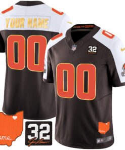 Men's Cleveland Browns #32 Jim Brown Memorial & Home Patch Gold Trim Custom Jersey - All Stitched