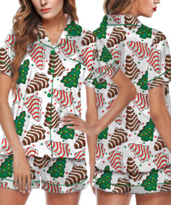 Womens Christmas Tree Cake Satin Pajamas Set