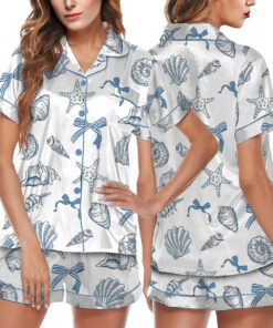 Women’s Coquette Seashell Beach Coastal Summer Vibes Print Satin Pajama Set