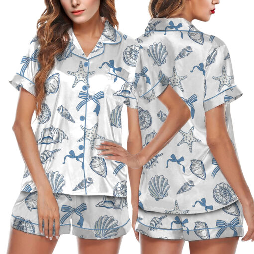 Women’s Coquette Seashell Beach Coastal Summer Vibes Print Satin Pajama Set