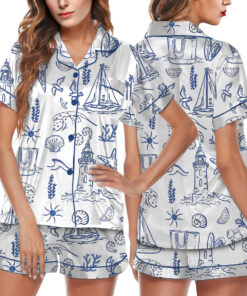 Women's Coastal Whimsical Style Summer Beach Bachelorette Satin Pajama Set