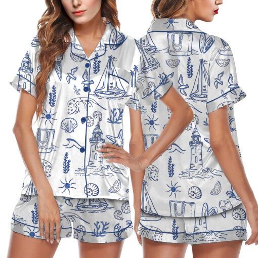 Women's Coastal Whimsical Style Summer Beach Bachelorette Satin Pajama Set