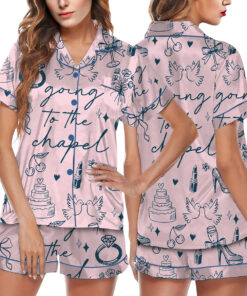 Women’s Going To The Chapel Coquette Bachelorette Wedding Bride Satin Pajama Set