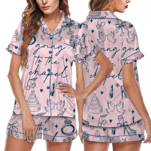 Women’s Going To The Chapel Coquette Bachelorette Wedding Bride Satin Pajama Set