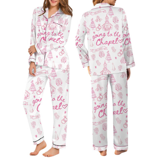 Women’s Going To The Chapel Gonna Get Married Bachelorette Bride Wedding Art Print Satin Pajama Set - Image 7