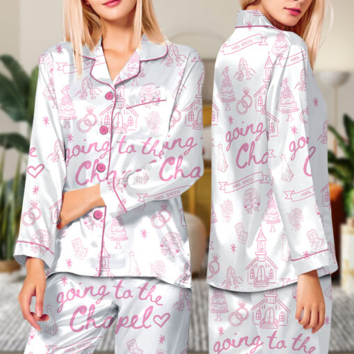 Women’s Going To The Chapel Gonna Get Married Bachelorette Bride Wedding Art Print Satin Pajama Set - Image 6