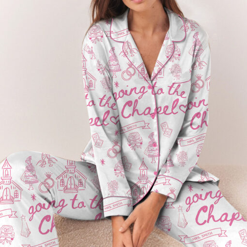 Women’s Going To The Chapel Gonna Get Married Bachelorette Bride Wedding Art Print Satin Pajama Set - Image 5