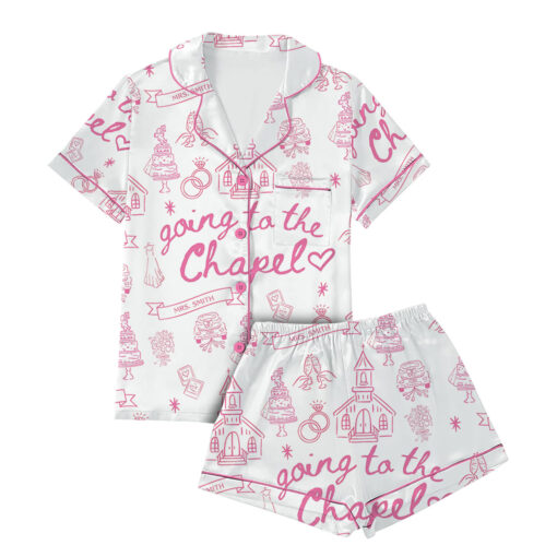 Women’s Going To The Chapel Gonna Get Married Bachelorette Bride Wedding Art Print Satin Pajama Set - Image 4