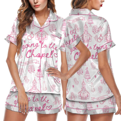 Women’s Going To The Chapel Gonna Get Married Bachelorette Bride Wedding Art Print Satin Pajama Set