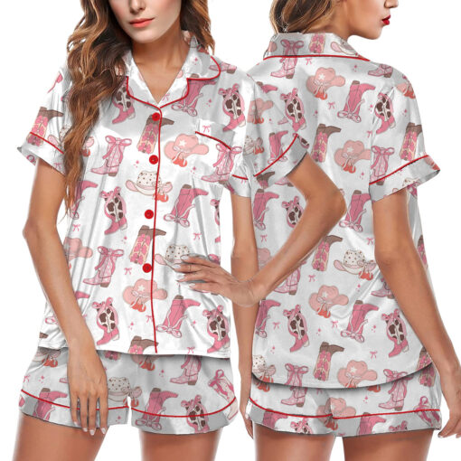 Pink Cowgirl Boots Western Satin Pajamas Set