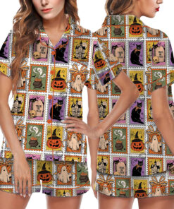 Women's Halloween Cat Ghost Satin Pajama Set