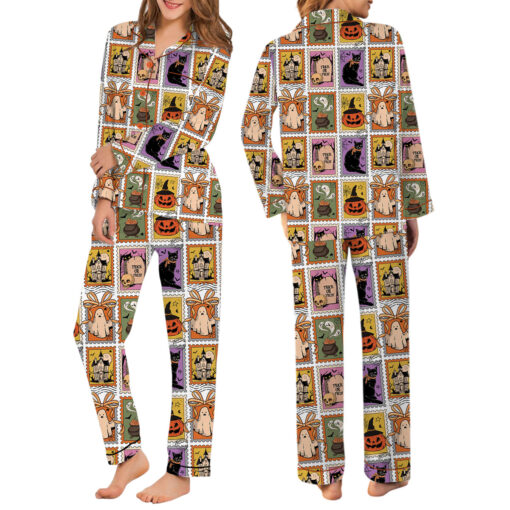 Women's Halloween Cat Ghost Satin Pajama Set - Image 6
