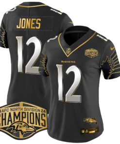 Women's Baltimore Ravens Maryland 2024 AFC North Division Champions Patch Gold Vapor Limited Jersey - All Stitched