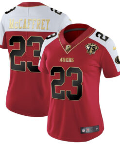 Women's Christian McCaffrey San Francisco 49ers 75th Anniversary Patch Alternate Vapor Red Gold Limited - All Stitched