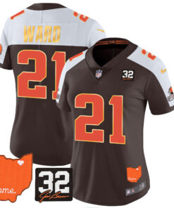Women's Cleveland Browns #32 Jim Brown Memorial & Home Patch Gold Trim Jersey - All Stitched