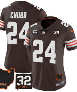 Women's Cleveland Browns #32 Jim Brown Memorial & Home Patch Jersey V3 - All Stitched