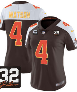 Women's Cleveland Browns #32 Jim Brown Memorial Patch Gold Trim Jersey - All Stitched