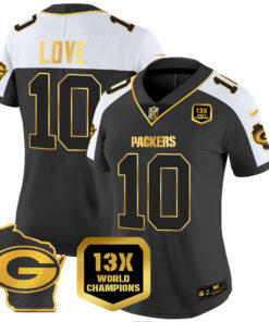 Women's Green Bay Packers 13 Time World Champions & Home Patch Gold Vapor Jersey � All Stitched