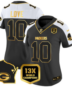 Women's Green Bay Packers 13 Time World Champions & Home Patch Gold Vapor Jersey V2 � All Stitched