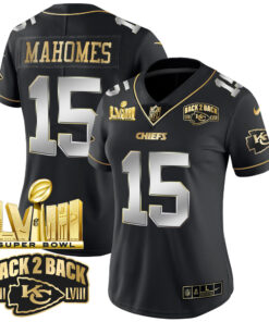 Women's Kansas City Chiefs Super Bowl LVIII & Back 2 Back Gold Patch Vapor Jersey V2 - All Stitched