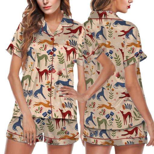 Long Dog Floral Fine Lurcher Artwork Satin Pajamas Set