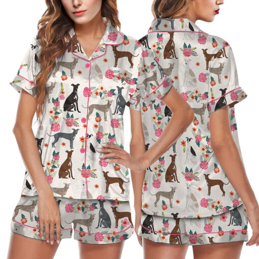 Dog Floral Satin Pajamas Set For Women