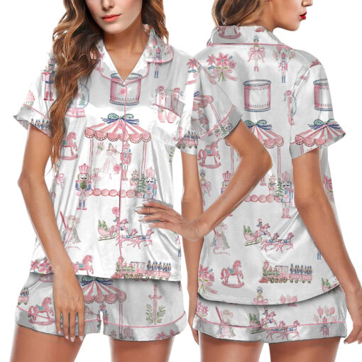 Women’s Nutcracker Pink Christmas Cute Holiday Satin Pajamas Set