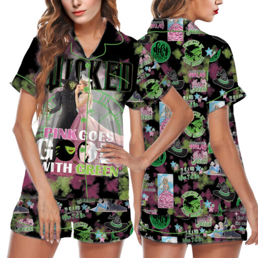 Wicked Pink Goes Good With Green Satin Pajamas Set