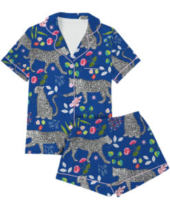 Blue Snow Leopard Printed Satin Pajamas Set For Women