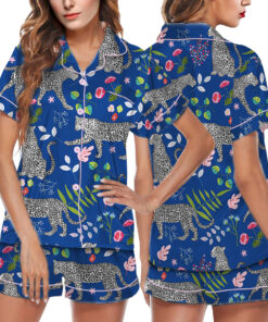 Blue Snow Leopard Printed Satin Pajamas Set For Women