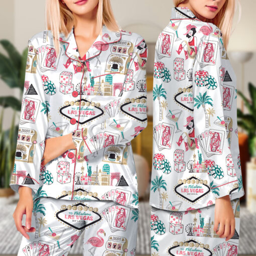 Women’s Las Vegas Watercolor Gambling Casino Nevada City Satin Pajamas Set