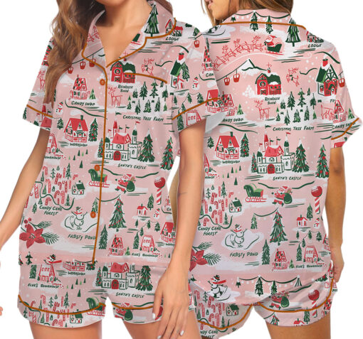 Women’s North Pole Village Map Christmas Retro Holiday Satin Pajama Set