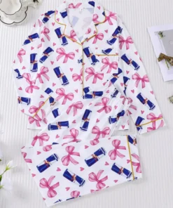 Women's Bull Sugar Free Pink Coquette Bow Satin Pajamas Set, US Size S-5XL